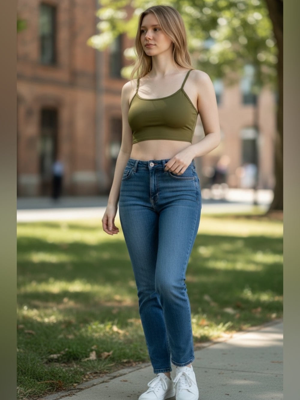 Active USA Olive Green Crop Tank with Blue Straight-Leg Jeans